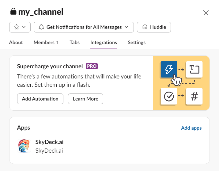 add skydeckai app to slack channel